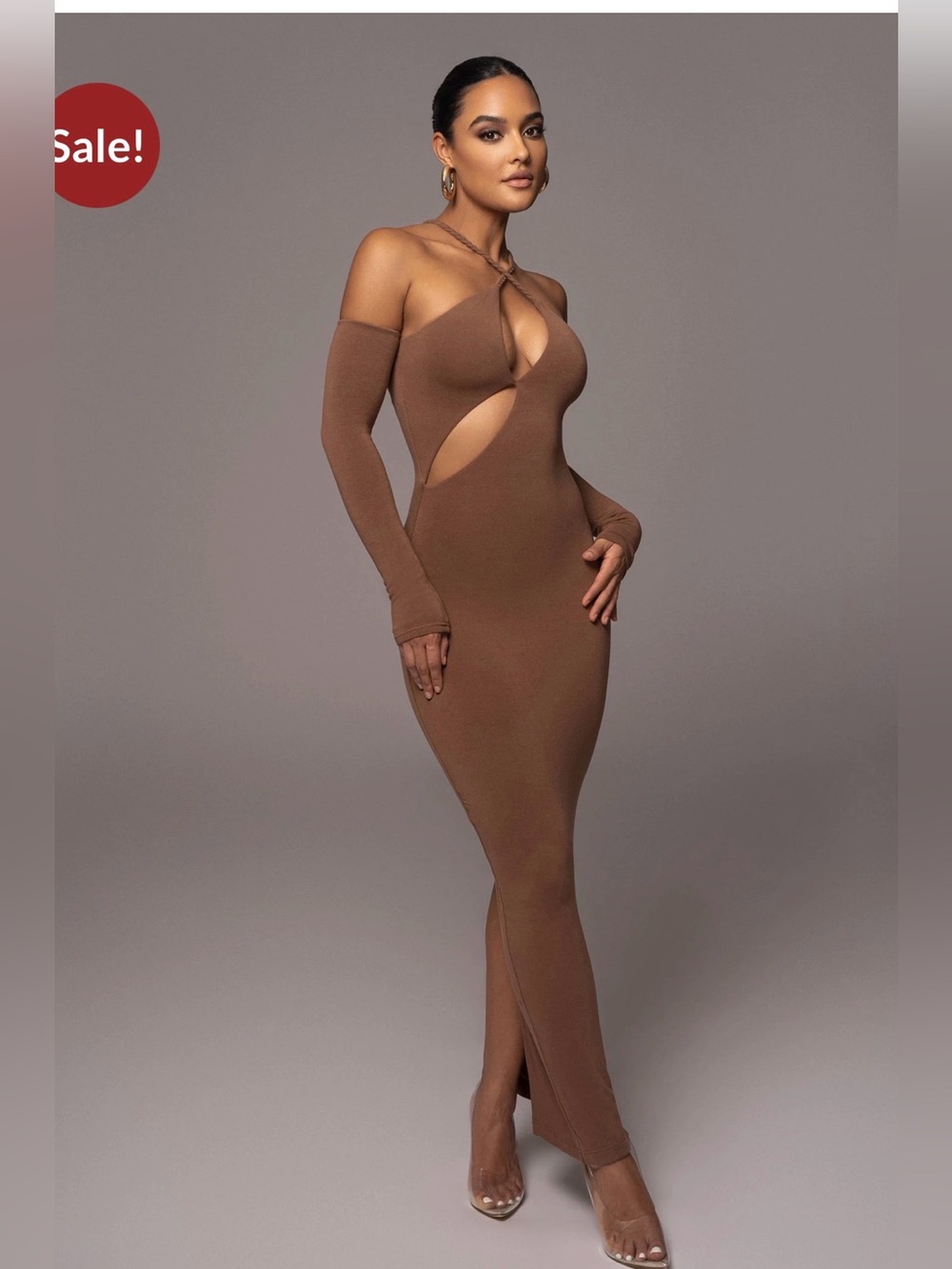 NEW JLUXLABEL PECAN SOLEDAD Cross Cutout Maxi Dress with Off-Shoulder Sleeve